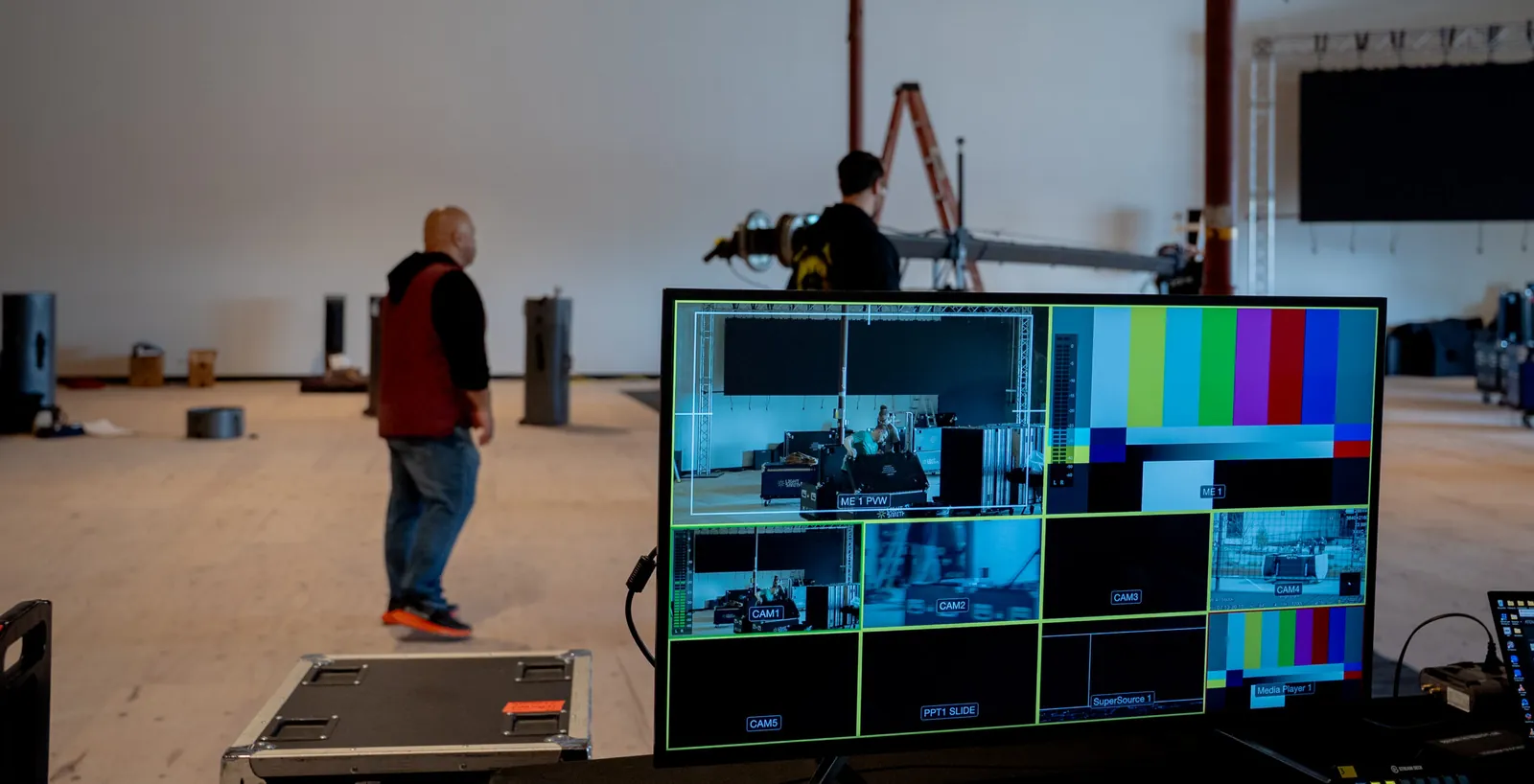 Multi-camera switcher monitor during rehearsal