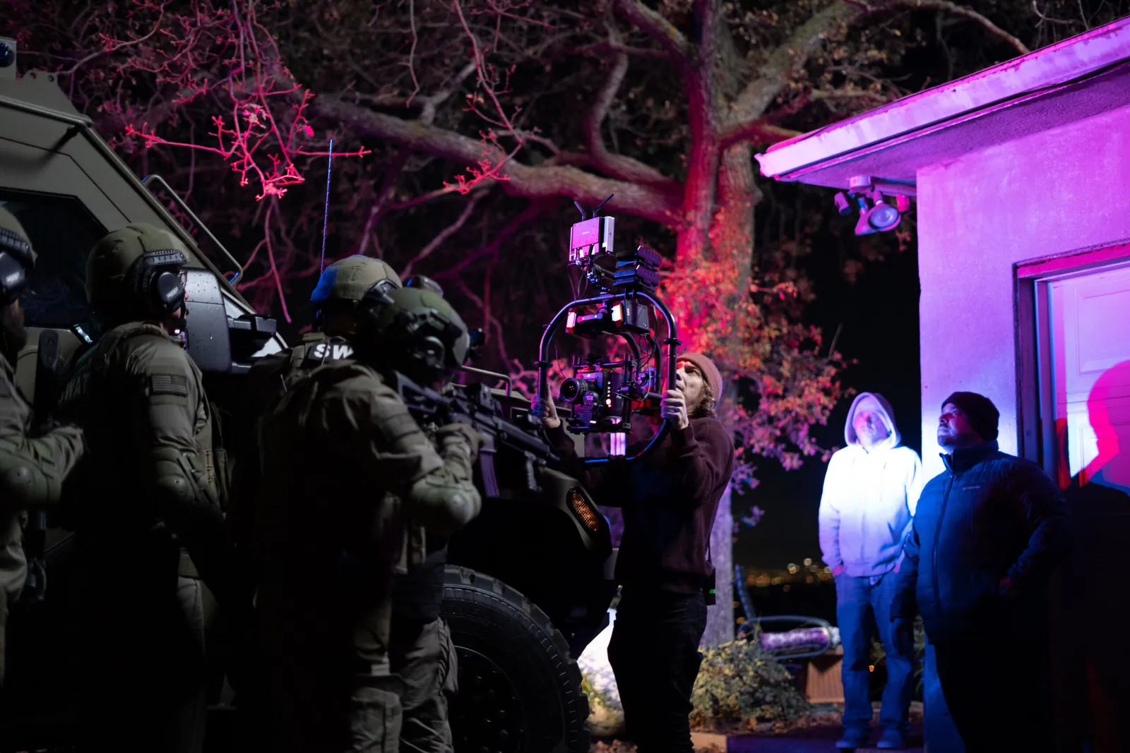 SWAT team and camera rig at the night shoot